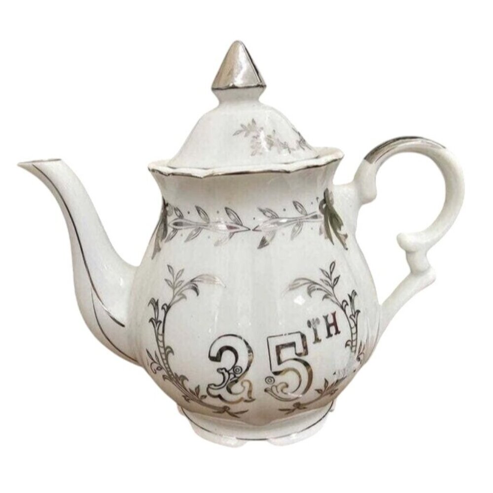 Vintage 25th Anniversary White Porcelain Teapot With Silver Accents & Floral Des - Picture 2 of 6